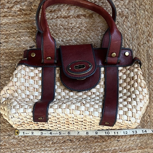 Fossil Large Straw Basket Satchel with Brown Leather Accents